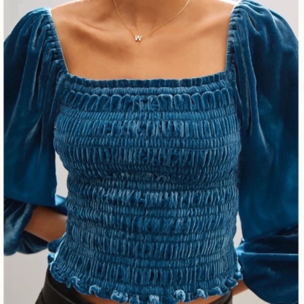 NWT! ANTHROPOLOGIE Blue Velvet Smock Crop Top